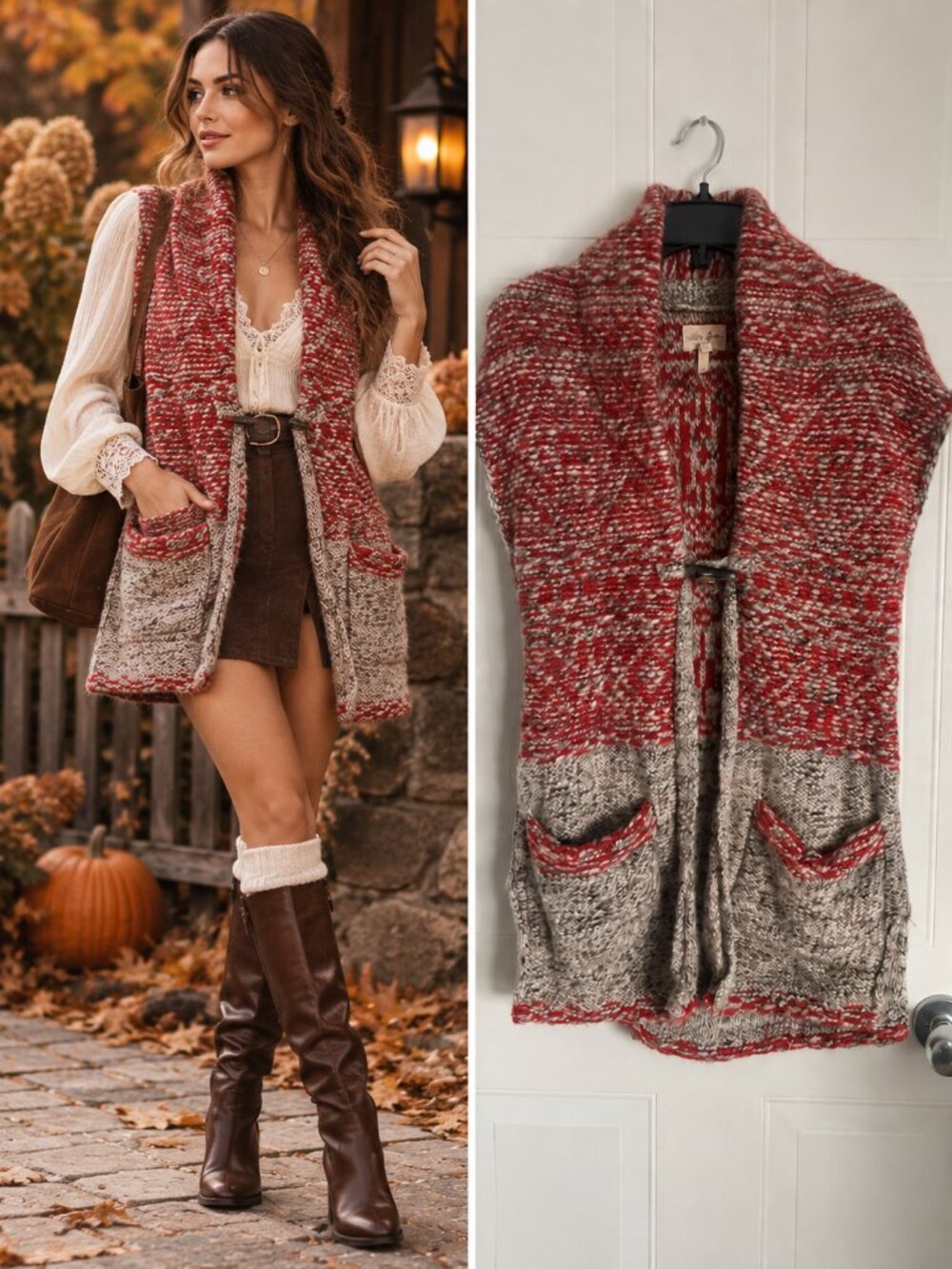 Wilfred Red Gray Marled Wool Blend Longline Knit Vest Toggle Dark Academia XS